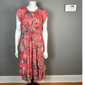 Banjanan Dress Large Letitia Silk Tropical Bird Floral whimsical ruffle tier